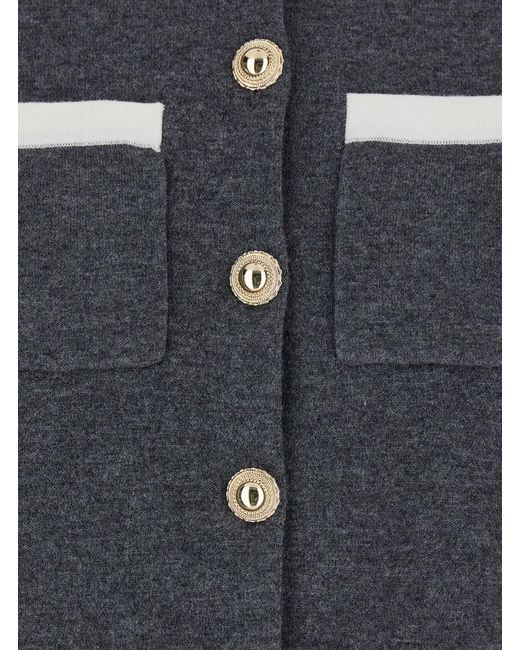 Self-Portrait Blue Cropped Cardigan With Contrasting Classic Collar And Two Front Patch Pockets