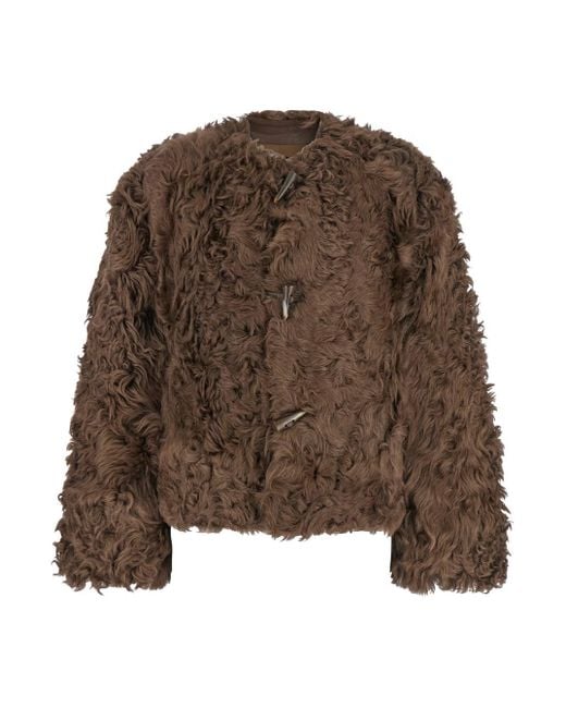 Plain Brown Collarless Fur Jacket With Front Toggle Closure