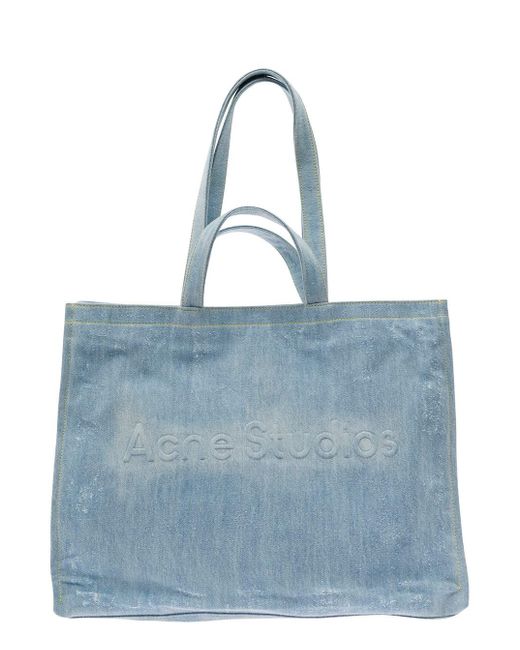 Acne Blue Light E Tote Bag With Embossed Logo In Destroyed Cotton Denim