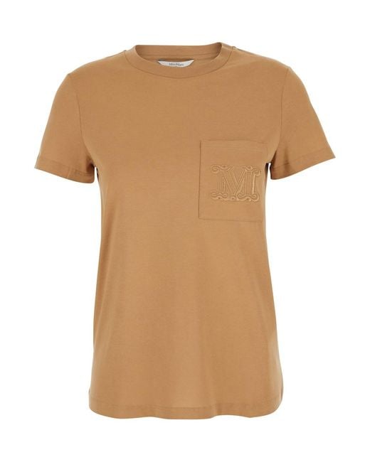 Max Mara Natural 'Papaia' Crewneck T-Shirt With One Front Patch Pocket With Logo Embroidery