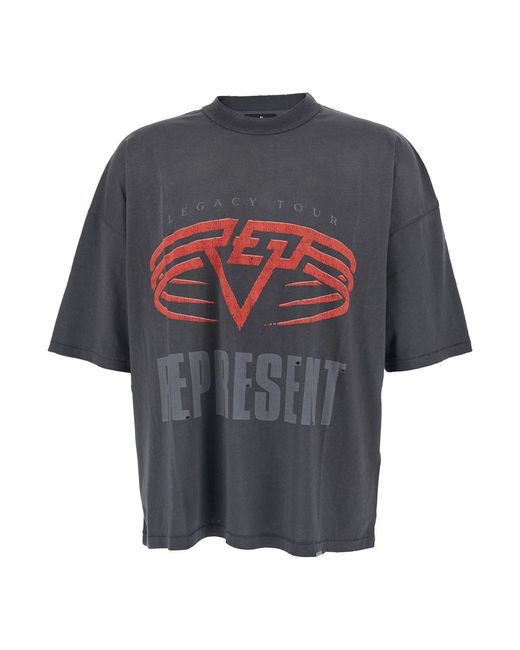 Represent Gray Crewneck T-Shirt With Logo Print for men
