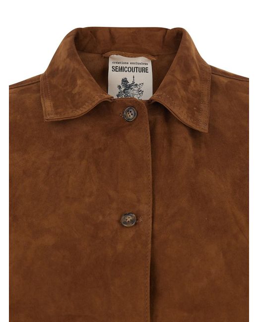 Semicouture Brown Suede Classic Collar Shirt For