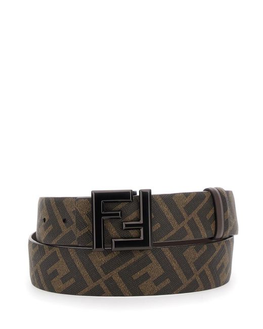 Fendi Gray Belt With Metallic Ff Logo Plaque On The Front And Ff Motif for men