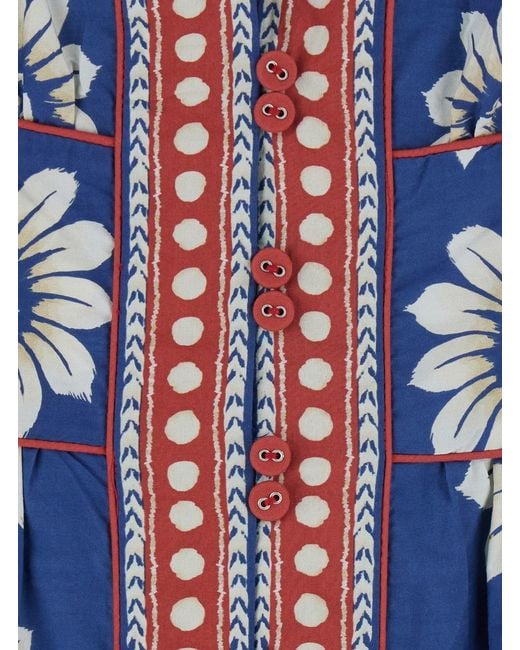 Farm Rio Blue 'Luna' Long Dress With V Neck And All-Over Floral Motif