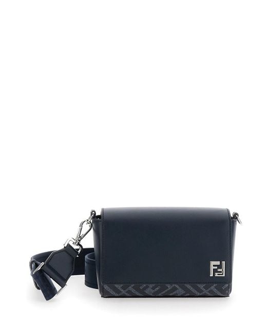 Fendi Blue 'Messenger' Midnight Shoulder Bag With Logo Plaque And Ff Motif for men