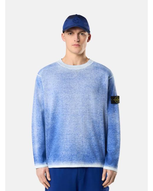 Stone Island Blue Crewneck T-Shirt With Logo Patch On The Sleeve for men