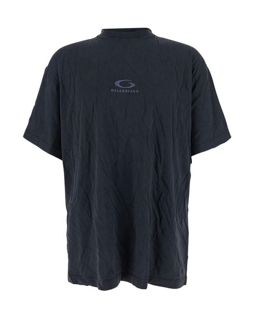 Balenciaga Blue Dark Crew Neck T-Shirt With Front Logo Print And Crinkled Design for men