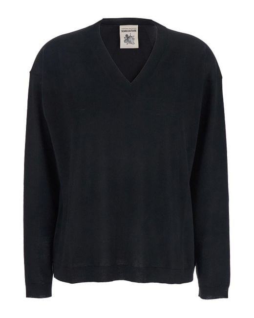 Semicouture Black Sweater With V Neck And Ribbed Trims