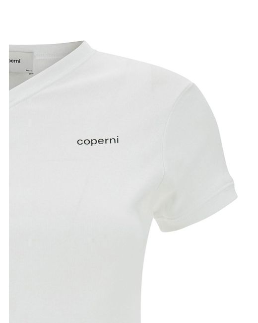 Coperni White T-shirt With V Neckline And Logo In Cotton Woman