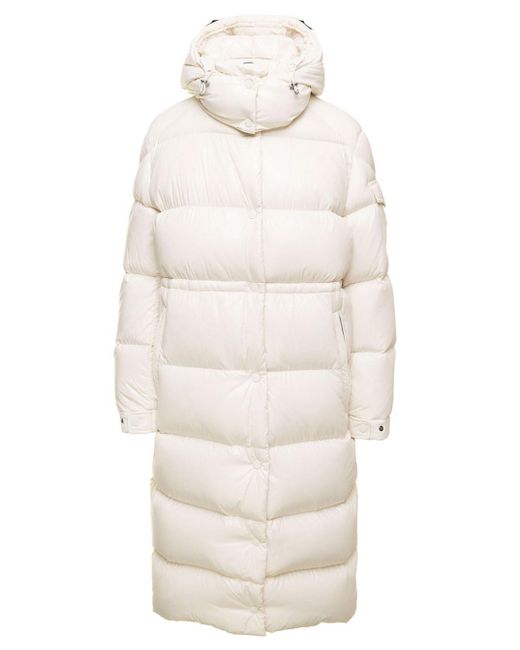 Moncler White Cavettaz Long Down Jacket In Padded And Quilted Nylon Laqué With Hood Woman