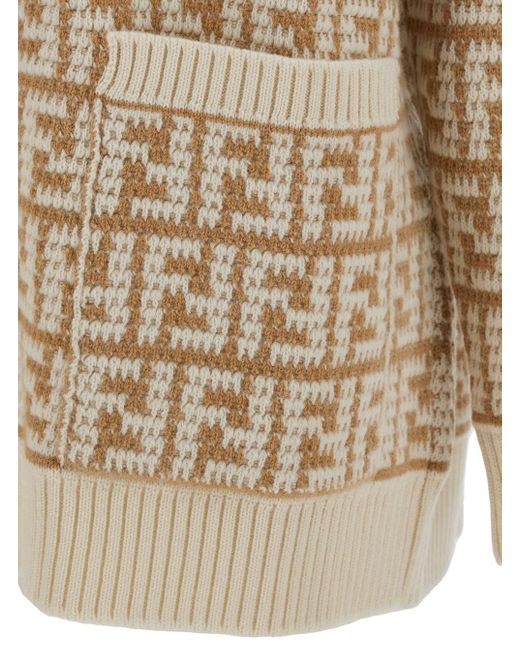 Fendi Natural Oversized Cardigan With Crochet Ff Motif