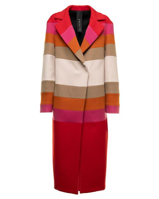 Cappotto multicolor in panno con motivo a righe a pannelli color block donna di Blancha in Red