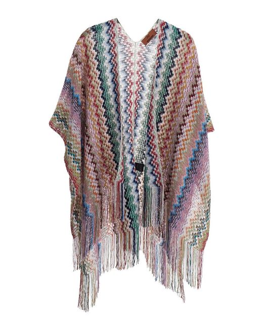 Missoni White Cape With Fringed Hem And All-Over Zig-Zag Motif