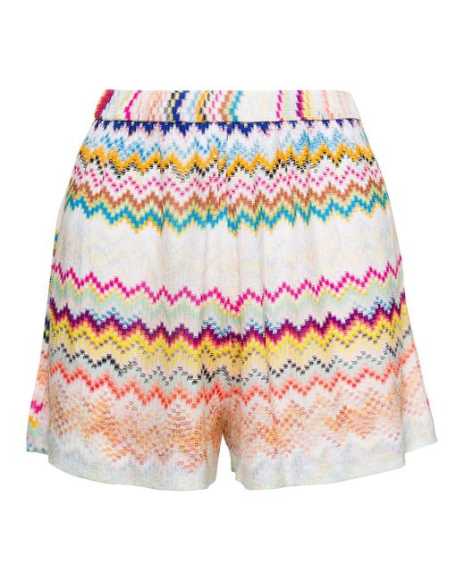 Missoni Multicolor White Shorts With Zig Zag Motif All-over In Viscose Woman