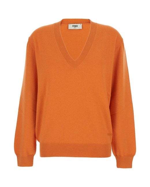 Fendi Orange Oversize Sweater With V Neck And Logo Lettering Embroidery On The Front