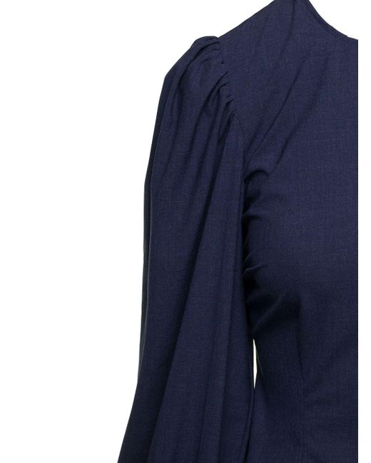 Ganni Mini Navy Blue Open-back Dress With Balloon Sleeves In Stretch Viscose Blend Woman