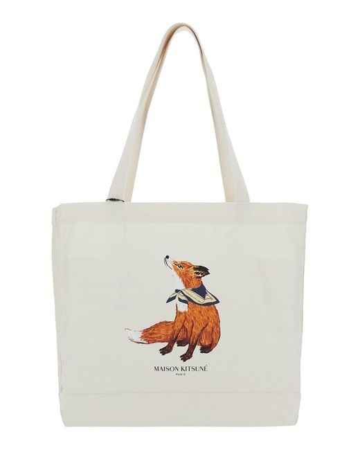 Maison Kitsuné White Dreaming Fox Tote Bag With Print On The Front Cotton For Shoulder for men