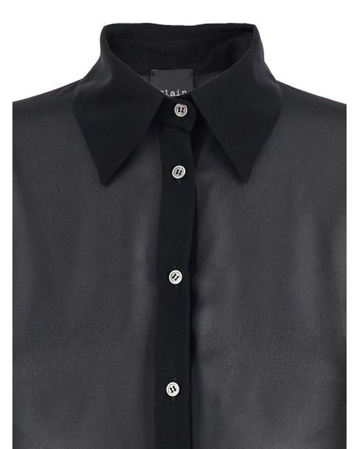 Le Plain Black Oversize Blouse With Classic Collar And See-Through Desi