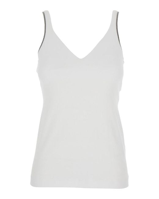 Brunello Cucinelli White V-Neck Top With Side Monile Detail