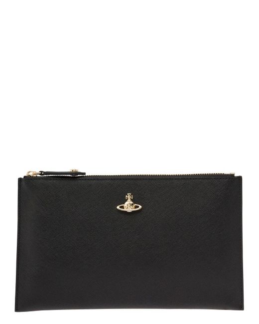 Vivienne Westwood Black Purse With Orb Detail And Zip In Saffiano Leather