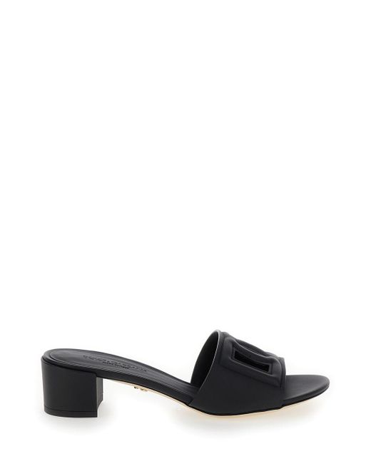 Dolce & Gabbana Black Mules With Low Heel And Dg Millennials Detail