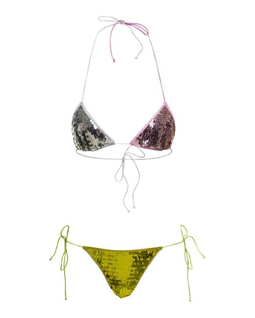 Oseree White Triangle-Shaped Bikini With Sequins All Over
