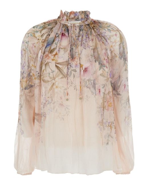 Zimmermann Natural 'Rebellion' Blouse With Bow Detail On The Front And All-Over Floral Motif
