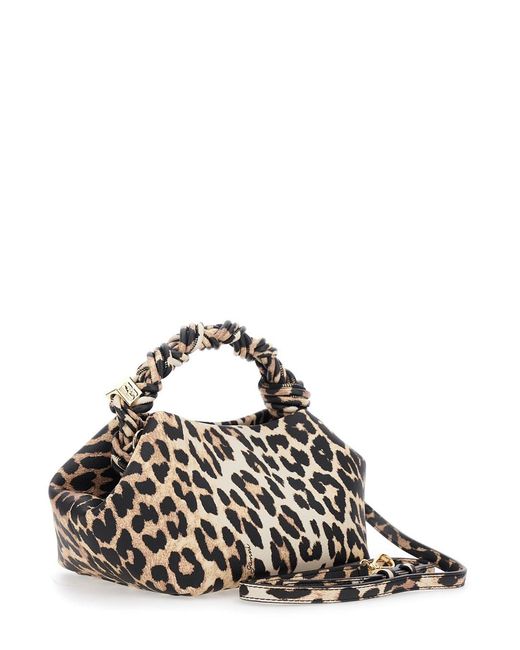 Ganni Brown 'Bou' Small Handbag With Braided Handle And All-Over Leopard Motif