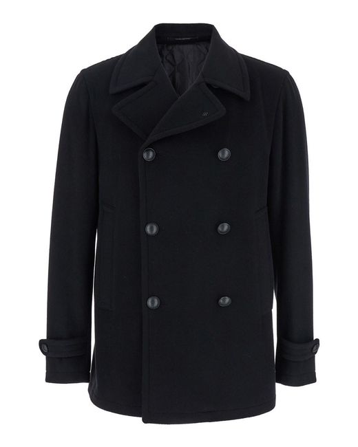 Tagliatore Blue Double-Breasted Coat With Wide Notched Revers for men