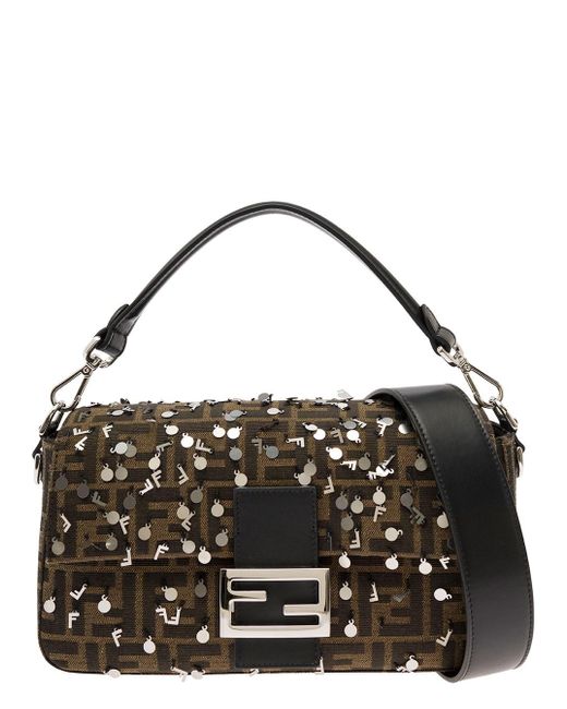 Fendi 'baguette' Crossbody Bag With Ff Jacquard Motif And Paillettes In  Canvas in Black | Lyst