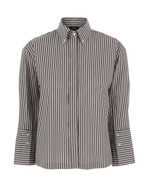 Le Plain Gray Shirt With Striped Motif And Button-Down Collar