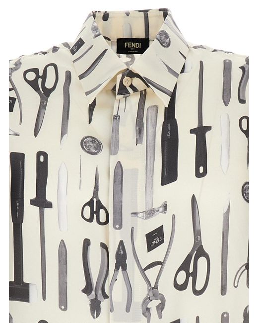 Fendi White Bowling Shirt With All-Over Tools Print for men