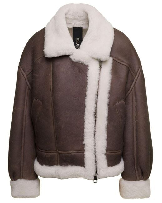 Blancha Brown Shearling Cropped Jacket With White Fur Trim In Leather