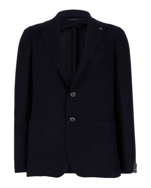 Tagliatore Blue Single-Breasted Jacket With Logo Pin for men