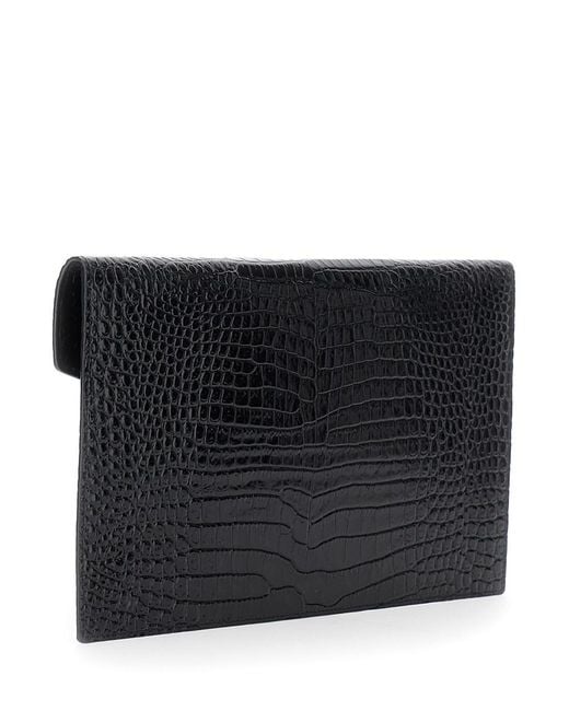 Saint Laurent Black Clutch Bag With Logo Plaque On The Front And All-Over Crocodile Effect