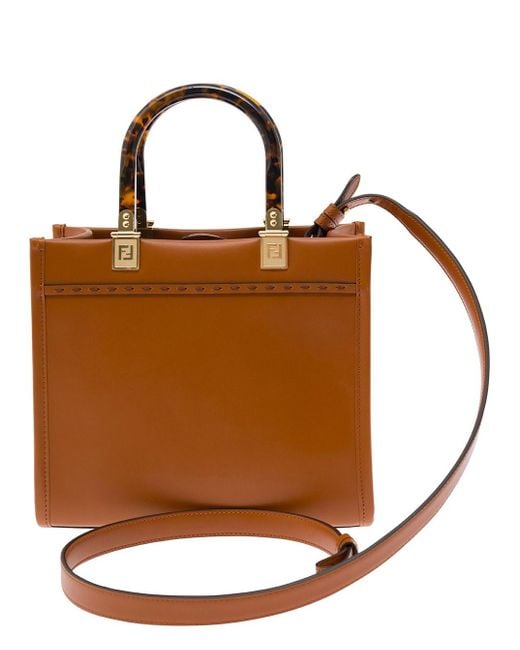 Fendi Brown 'Sunshine Small' Tote Bag With Embossed Logo And Tortoiseshell Handles