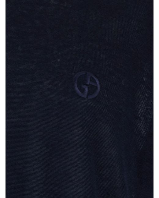 Giorgio Armani Blue Crew Neck T-Shirt With Tone-On-Tone Logo On The Front for men