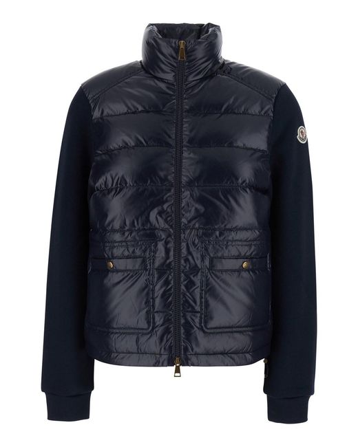Moncler Blue High-Neck Cardigan With Logo Patch On The Sleeve And Padded And Quilted Design On The Front
