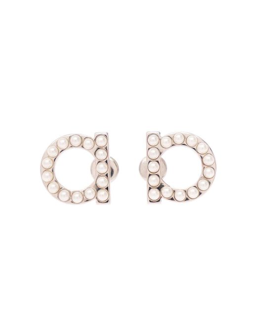 Ferragamo White Silver-colored Gancini Earrings With Faux Pearls In Brass