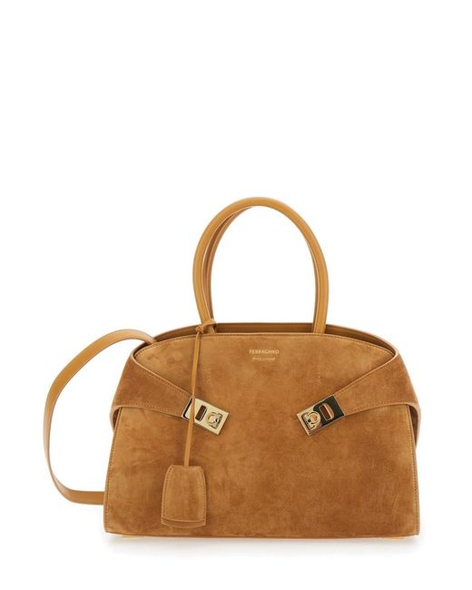 Ferragamo Brown 'Hug' Beigesmall Handbag With Logo And Gancini Buckle