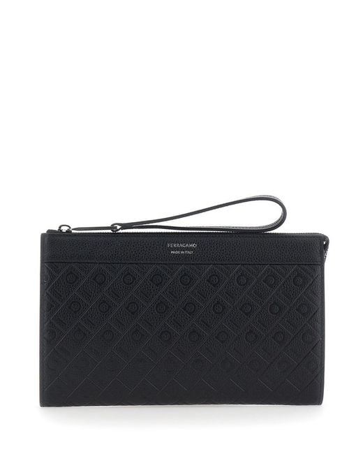 Ferragamo Black Clutch With Top Zip Closure And Gancini Embossed All-O for men