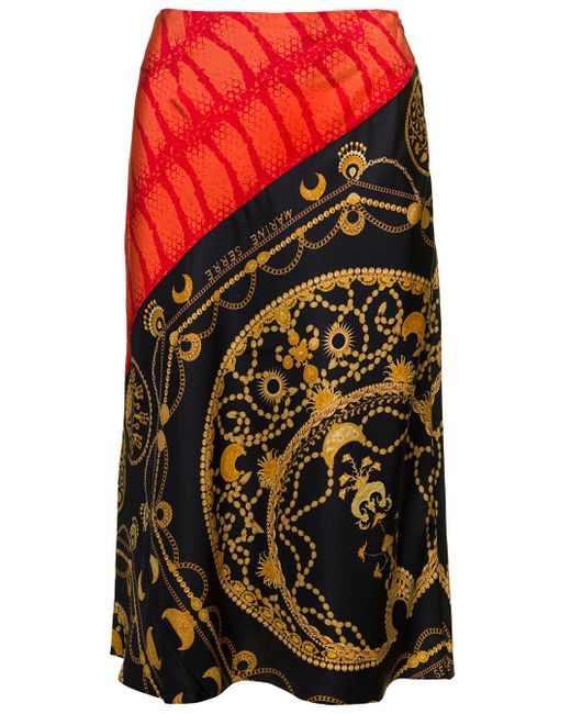 MARINE SERRE Black Midi Skirt With All-over Ornament Jewelry Print In Silk