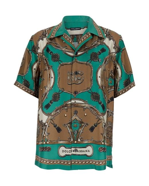 Dolce & Gabbana Green Bowling Shirt With Cuban Collar And All-Ove for men