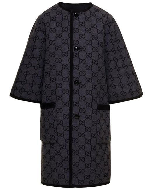 Gucci Black Dark Grey Reversible Crewneck Coat With All-over gg Monogram In Wool