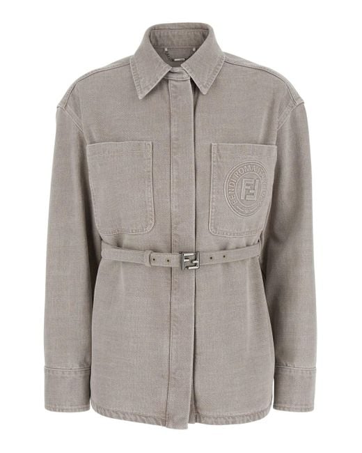 Fendi Gray 'Go To' Jacket With Belt With Ff Buckle And Logo Patch On The Front