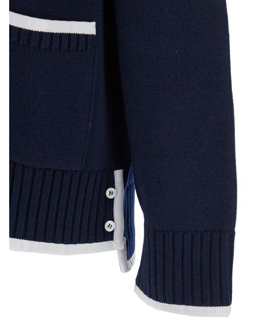 Thom Browne Blue Cardigan With V Neck And Maxi Logo On The Sleeve for men