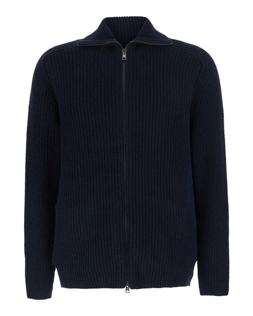 Tagliatore Blue Cardigan With Zip Closure And Ribbed Texture for men