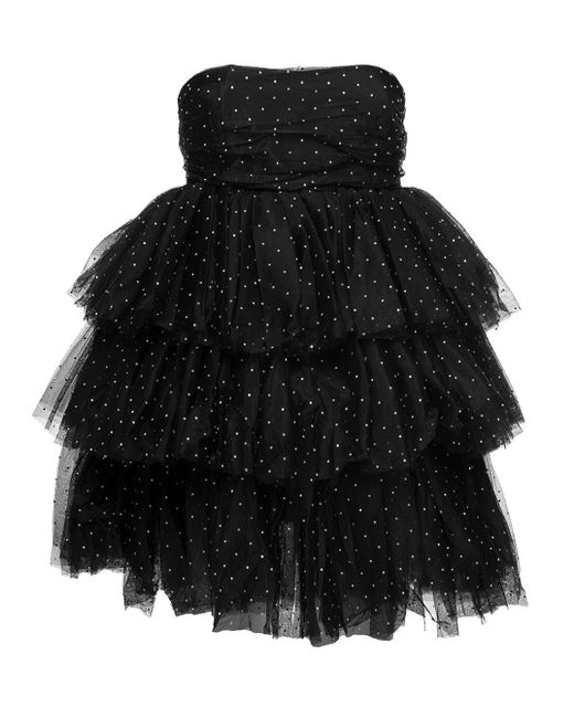 ROTATE BIRGER CHRISTENSEN Black Mini Flounced Dress With All-Over Rhinestones Embellishment