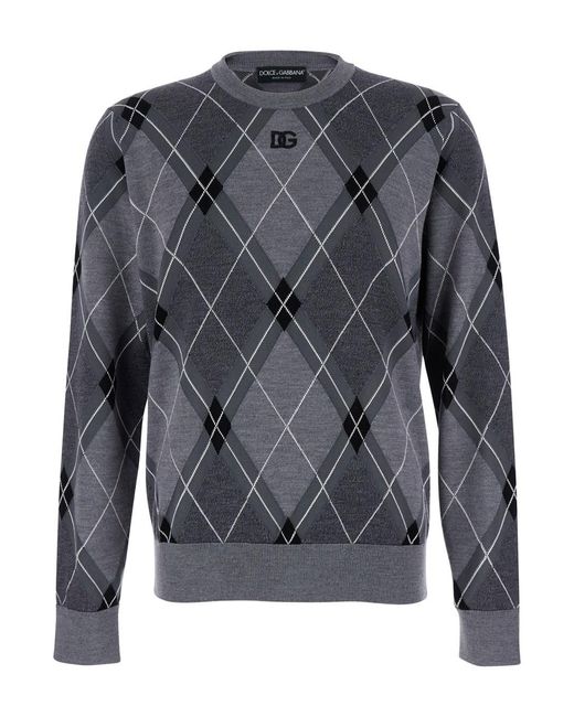 Dolce & Gabbana Gray Crew Neck Sweater With Front Logo And Diamond Pattern for men