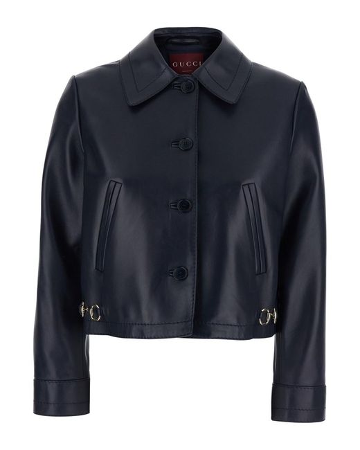 Gucci Blue Jacket With Classic Collar And Horsebit Plaque On The Waist